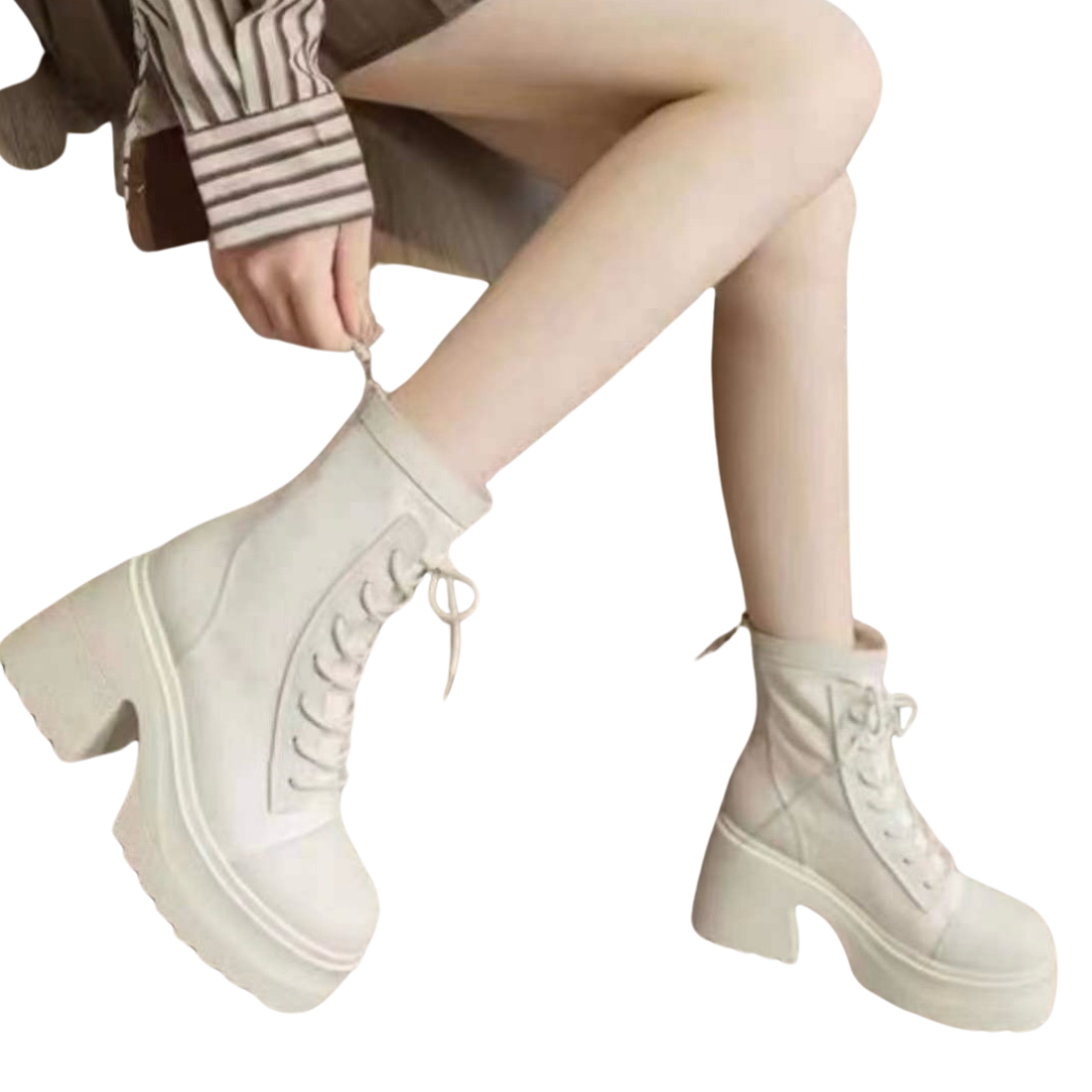 Lace-Up Mid Calf Leather Thicker Platform Boots