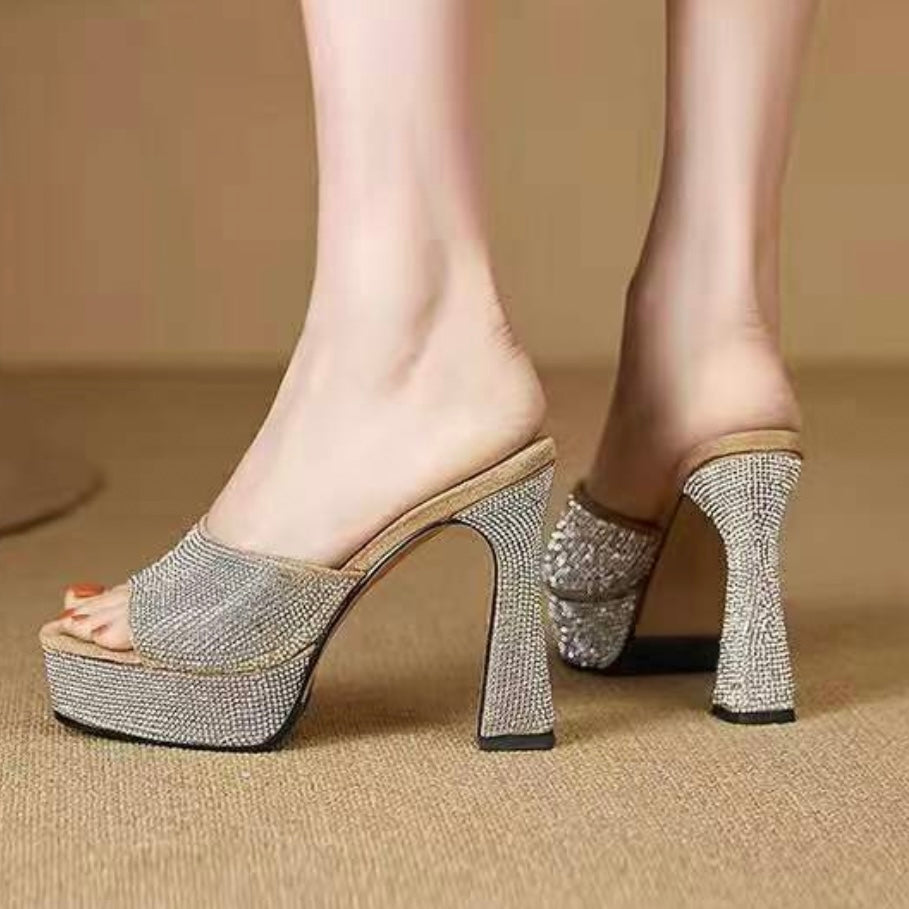 Rhinestone Open Toe High Heels