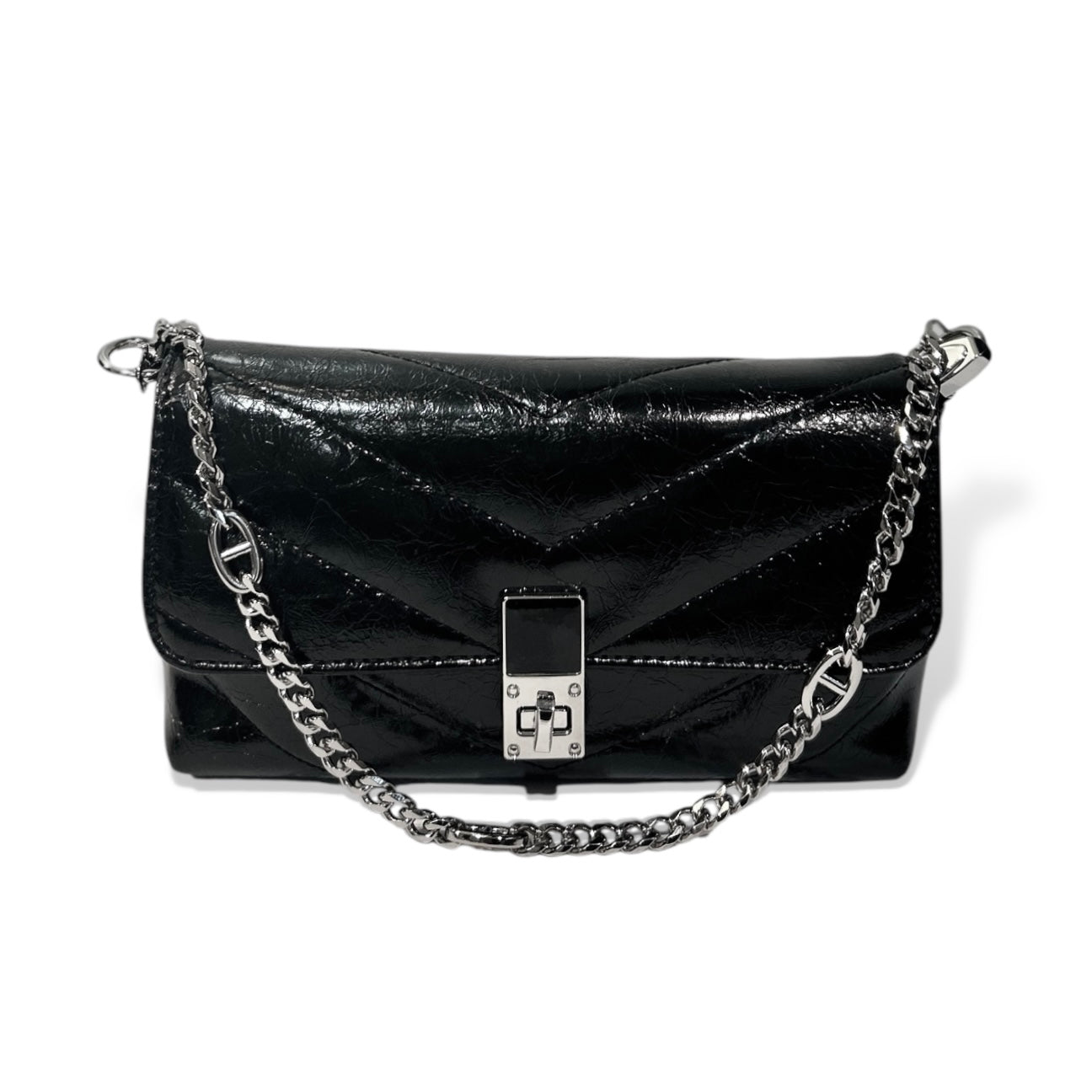 Black Patent Quilted Shoulder Bag with Chain Strap and Lock Closure