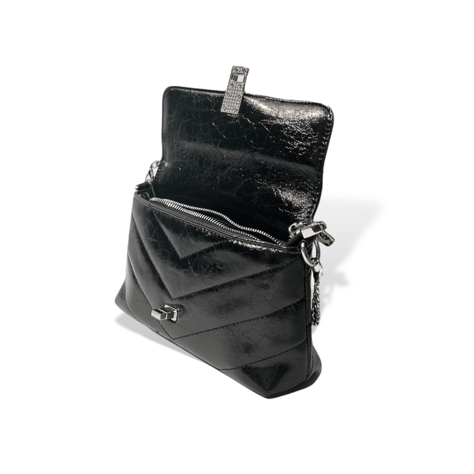 Black Patent Quilted Shoulder Bag with Chain Strap and Lock Closure