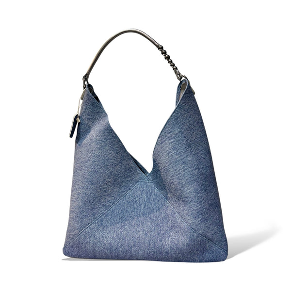 Denim-Effect Calfskin Hobo Bag with Metallic Mini Pocket