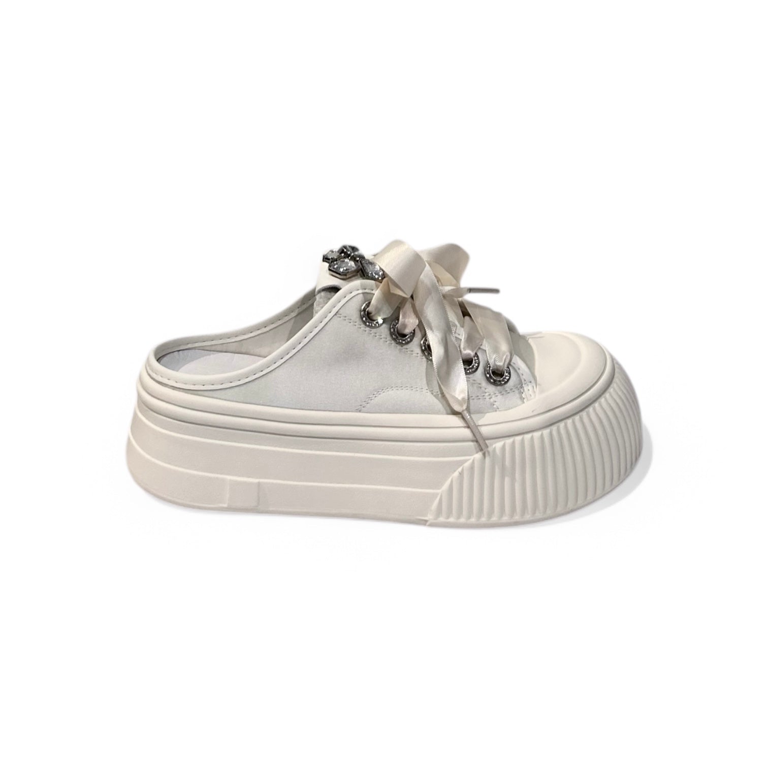 Jeweled Satin Platform Mule Flats