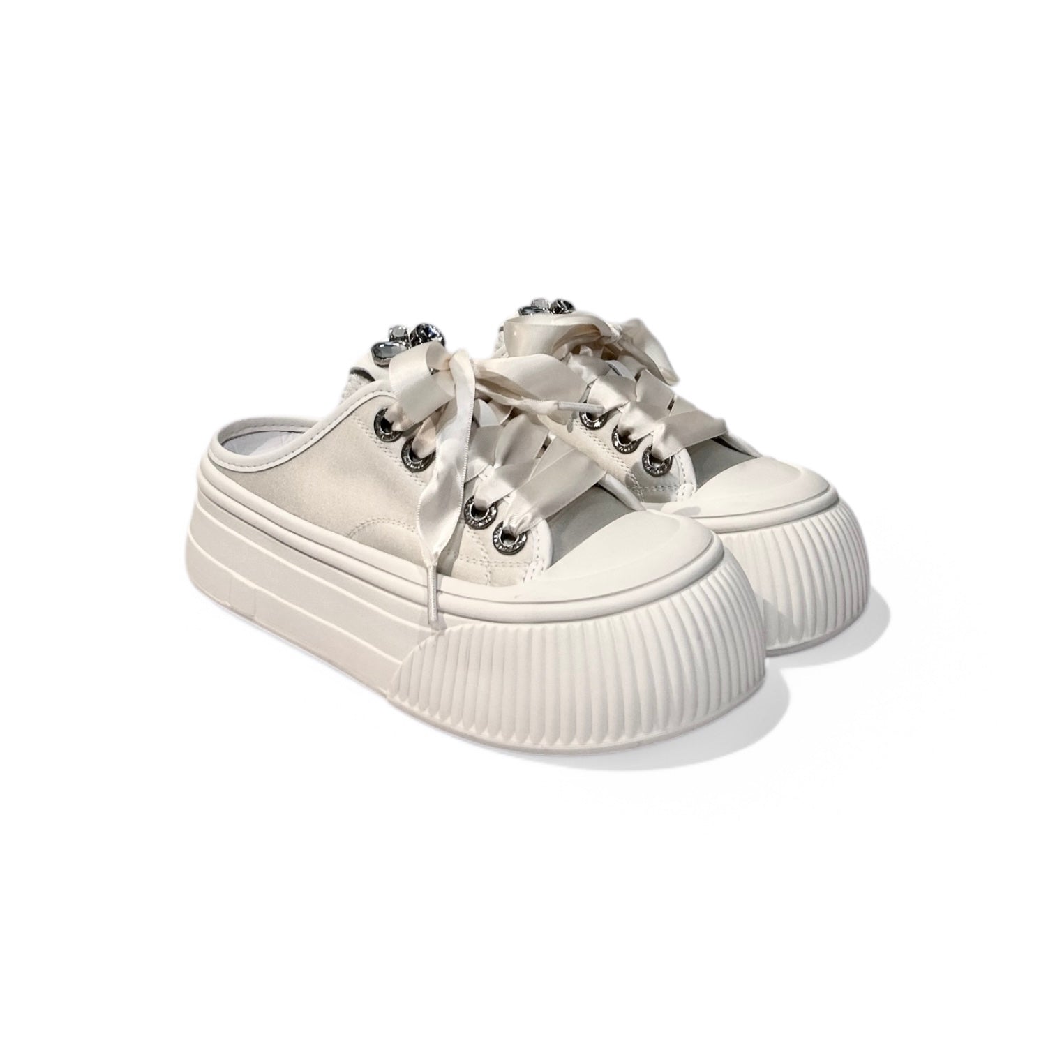 Jeweled Satin Platform Mule Flats