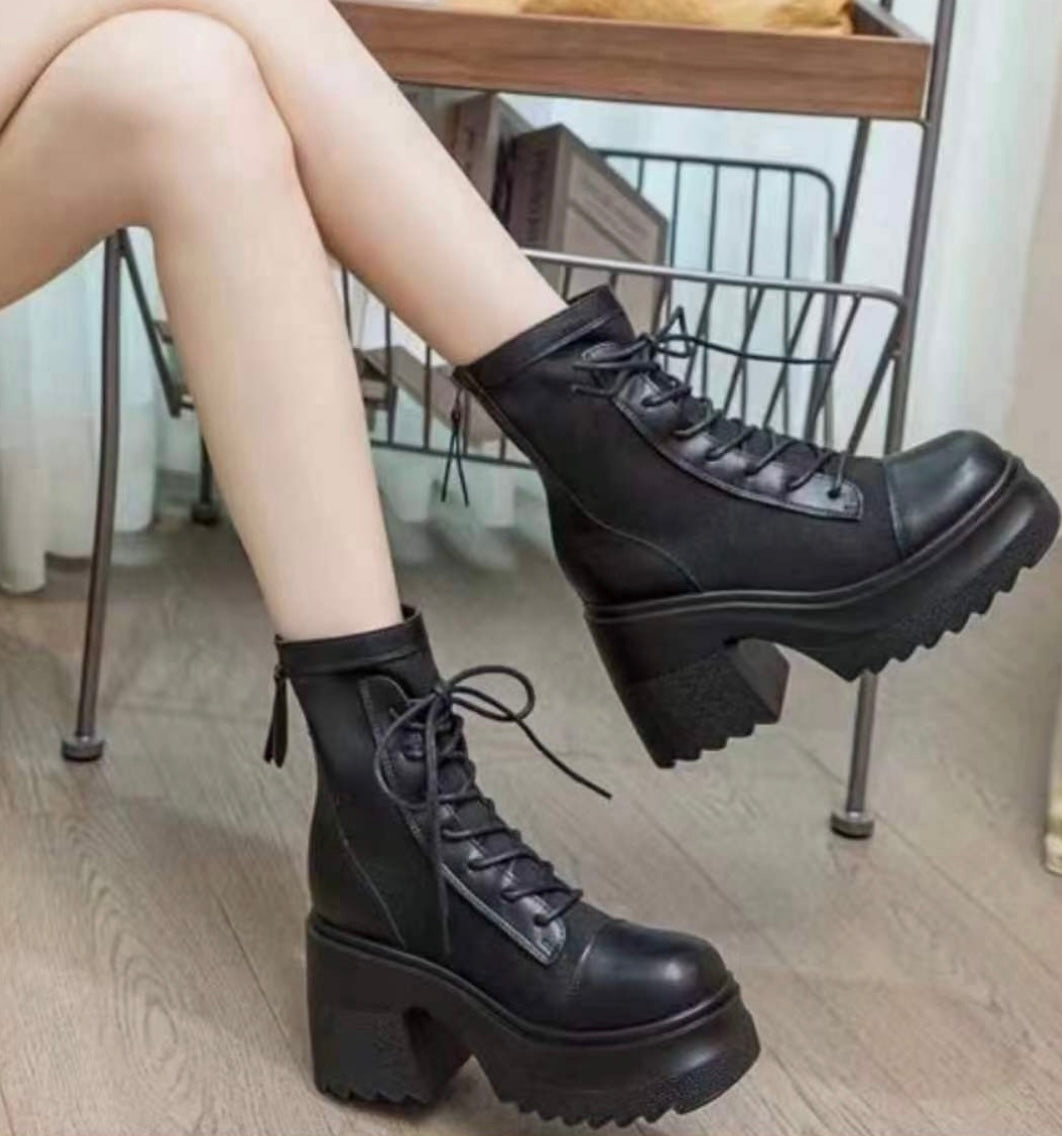 Lace-Up Mid Calf Leather Thicker Platform Boots