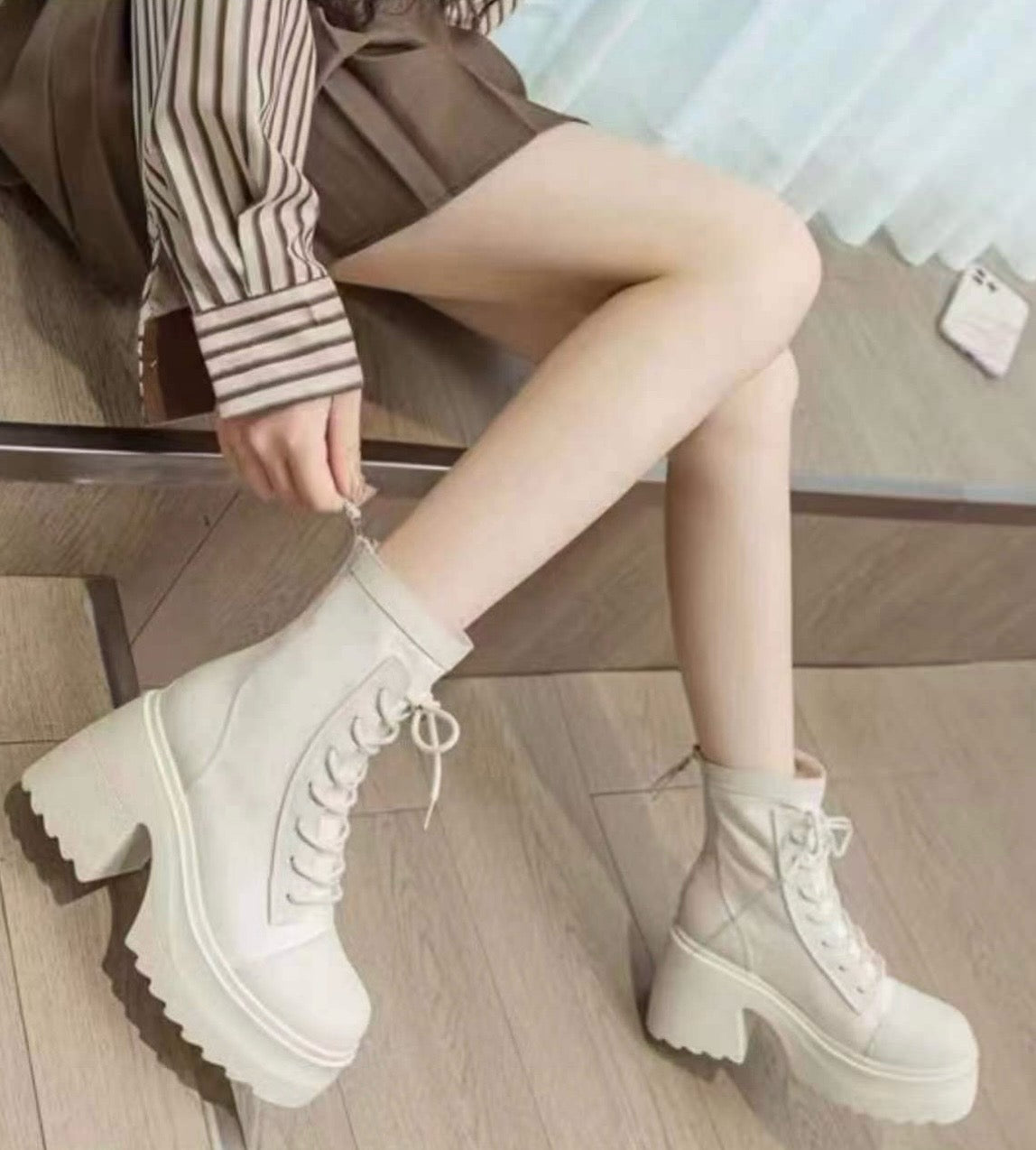 Lace-Up Mid Calf Leather Thicker Platform Boots